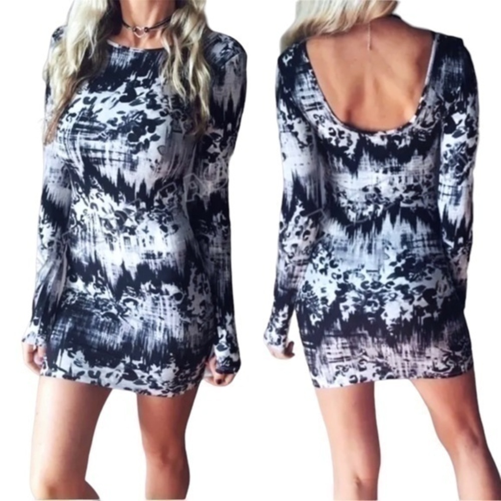 Sexy Tie Dye Print Bodycon Stretch Tight Fitted Long Sleeve Mini Dress Large